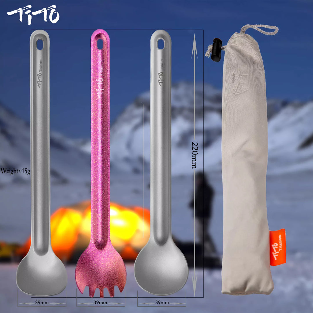 TiTo Titanium Spork Spoon Long Handle Outdor Camping tableware Portable Ultralight