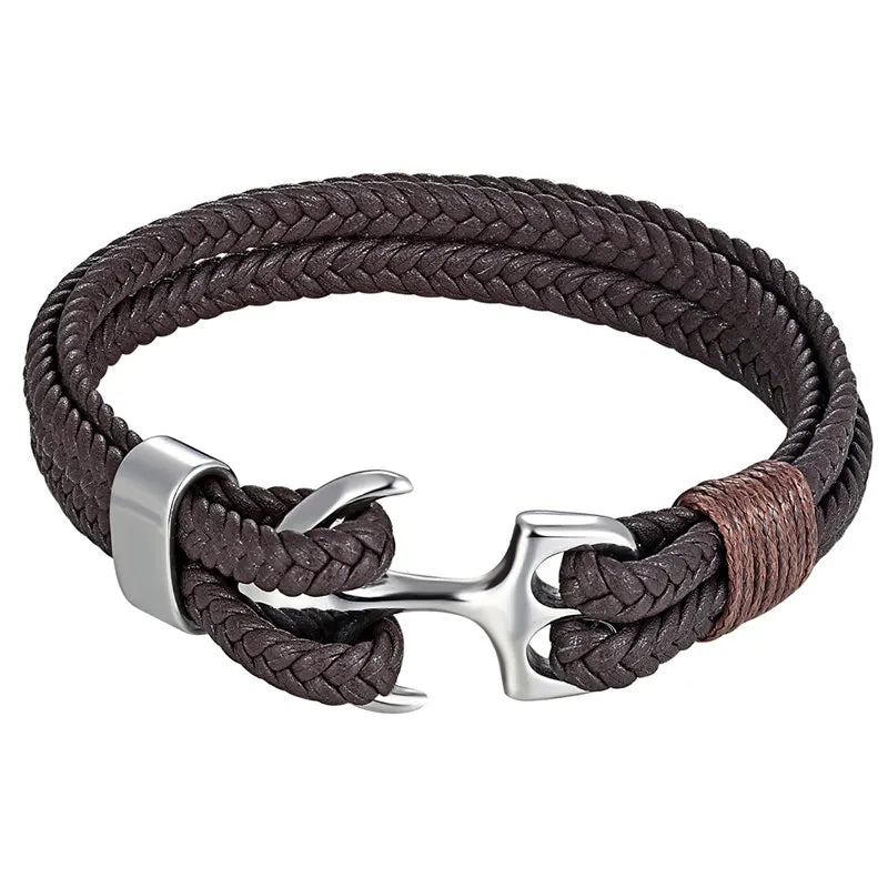 High Quality Stainless Steel Shackle Buckle Leather Survival Bracelets Bangle Men Surf