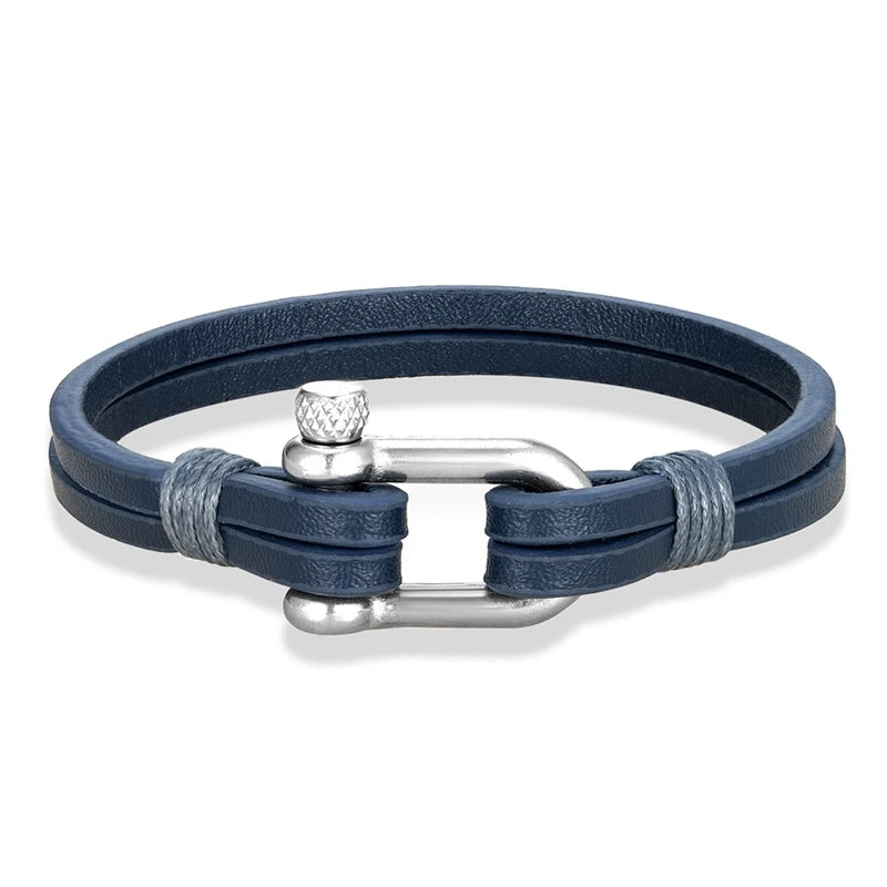 MKENDN Men's Leather Bracelet Nautical Double Strand Stainless Steel U shape Clasp