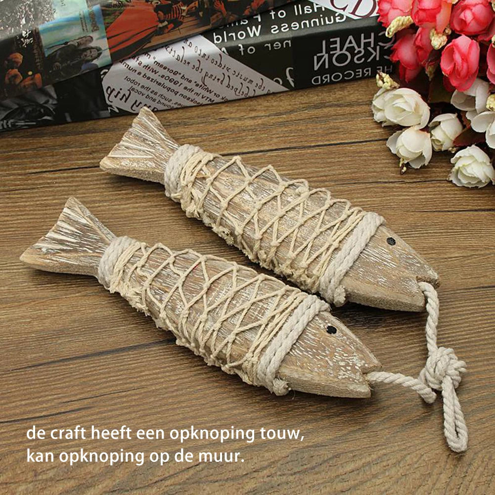 1 Pair Hand Carved Wooden Fish Hanging Marine Coastal  Wall Sculptures DIY Home