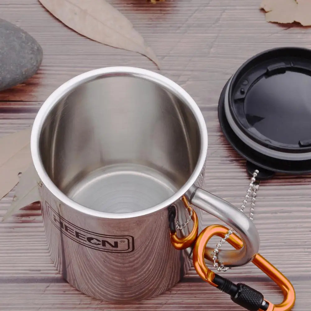 free ship Outdoor stainless steel mugs hiking buckle cup camping mugs with lid