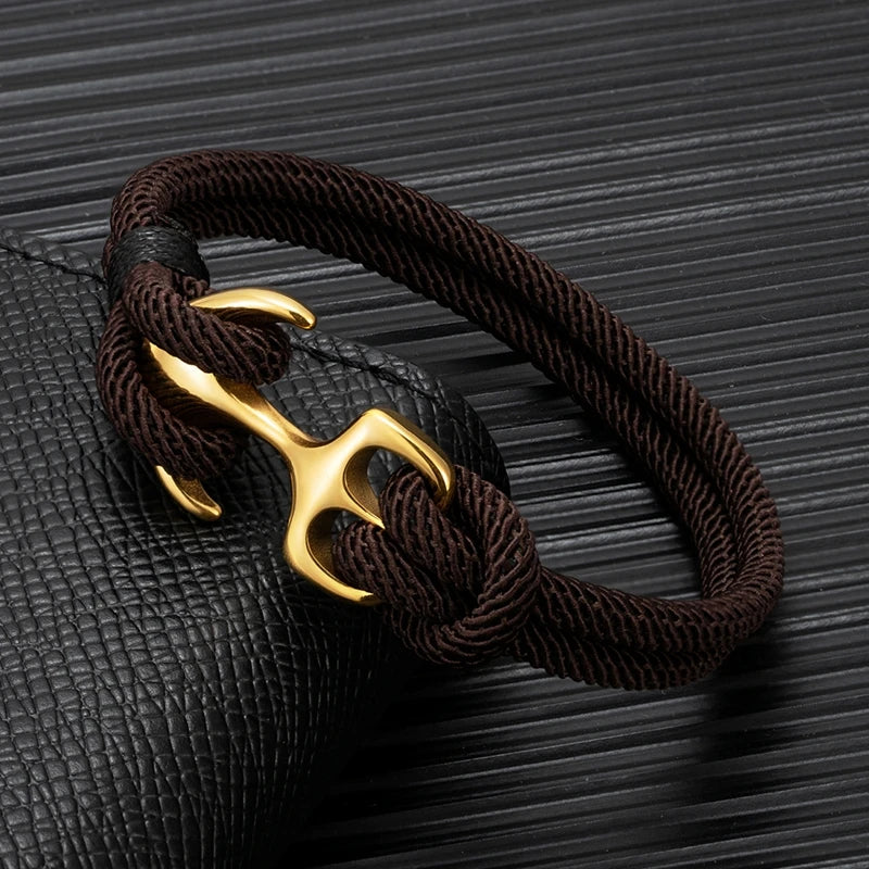 MKENDN 18K Plated Anchor Bracelets Men Double strand Nautical Survival Rope Paracord