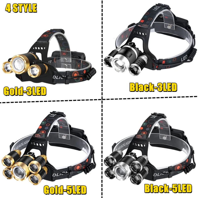 Drop Shipping  Powerful Headlight 5 LED T6 headlamp ZOOM Flashlight Torch Hunting head light Fishing light camping lantern