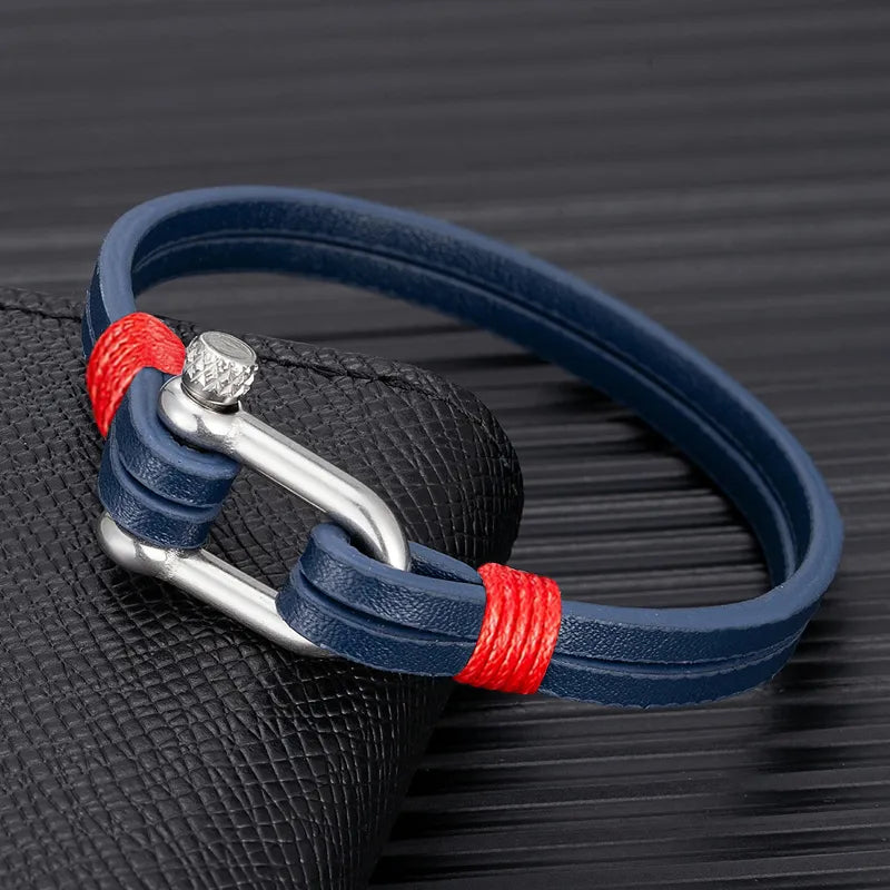 MKENDN Men's Leather Bracelet Nautical Double Strand Stainless Steel U shape Clasp