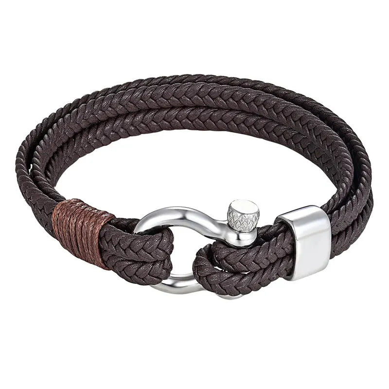 High Quality Stainless Steel Shackle Buckle Leather Survival Bracelets Bangle Men Surf