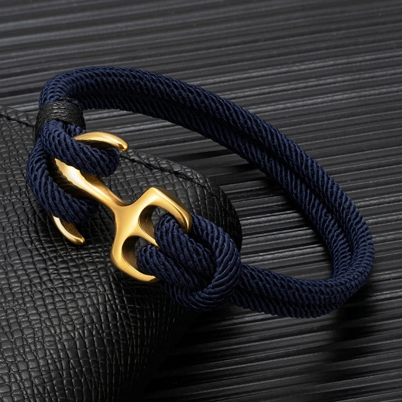 MKENDN 18K Plated Anchor Bracelets Men Double strand Nautical Survival Rope Paracord