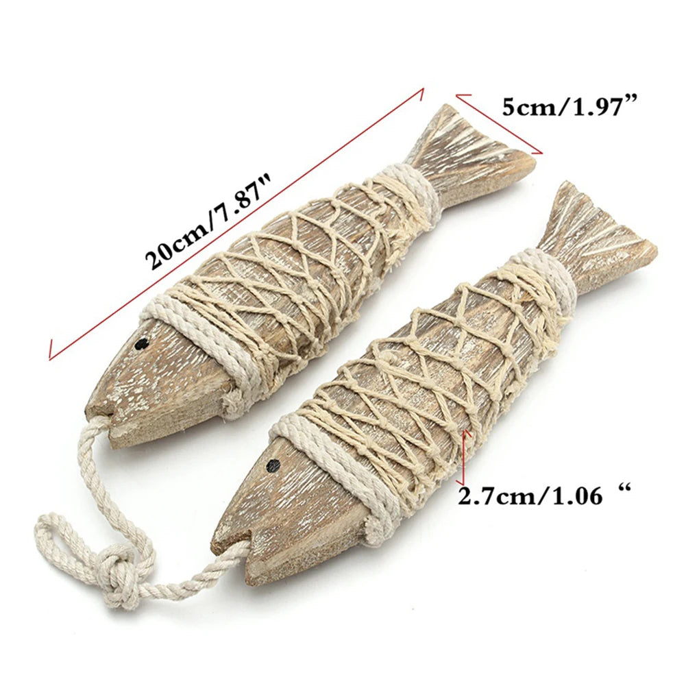 1 Pair Hand Carved Wooden Fish Hanging Marine Coastal  Wall Sculptures DIY Home