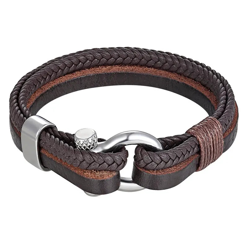 High Quality Stainless Steel Shackle Buckle Leather Survival Bracelets Bangle Men Surf