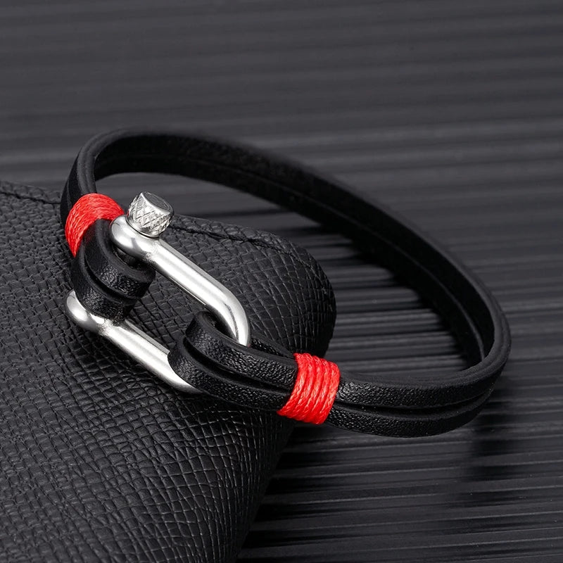 MKENDN Men's Leather Bracelet Nautical Double Strand Stainless Steel U shape Clasp