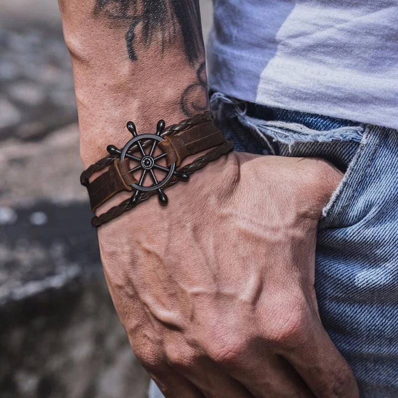 Ships Wheel Jewelry Rudder Leather Bracelet Nautical Bracelet Nautical Gifts