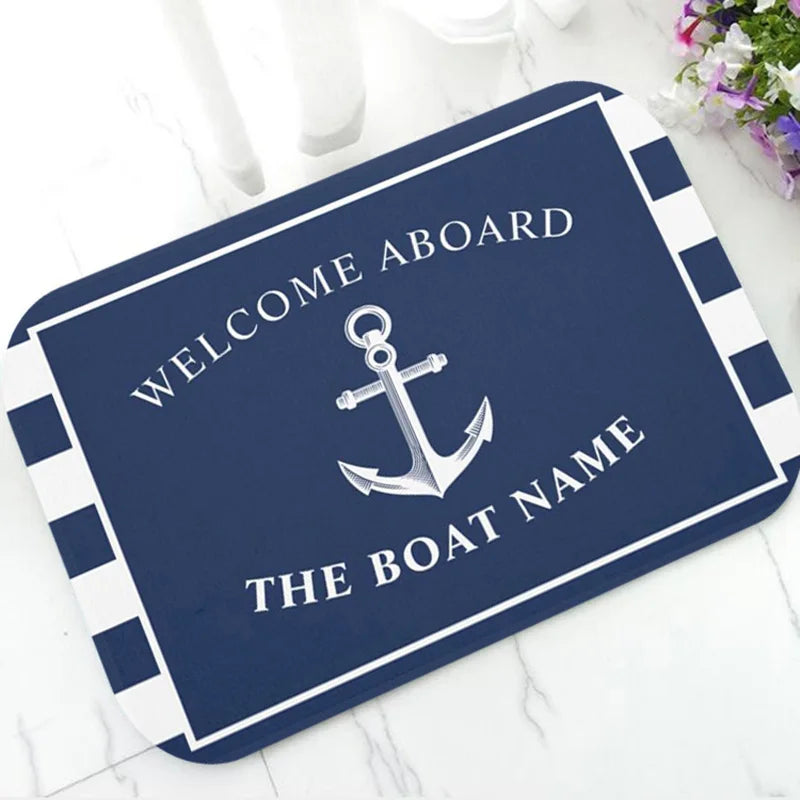 Chic Nautical Anchor Boat Navy Blue Stripes Personalised Doormat Modern Custom