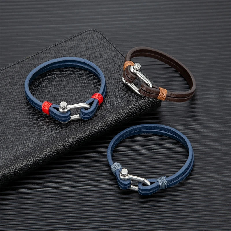MKENDN Men's Leather Bracelet Nautical Double Strand Stainless Steel U shape Clasp