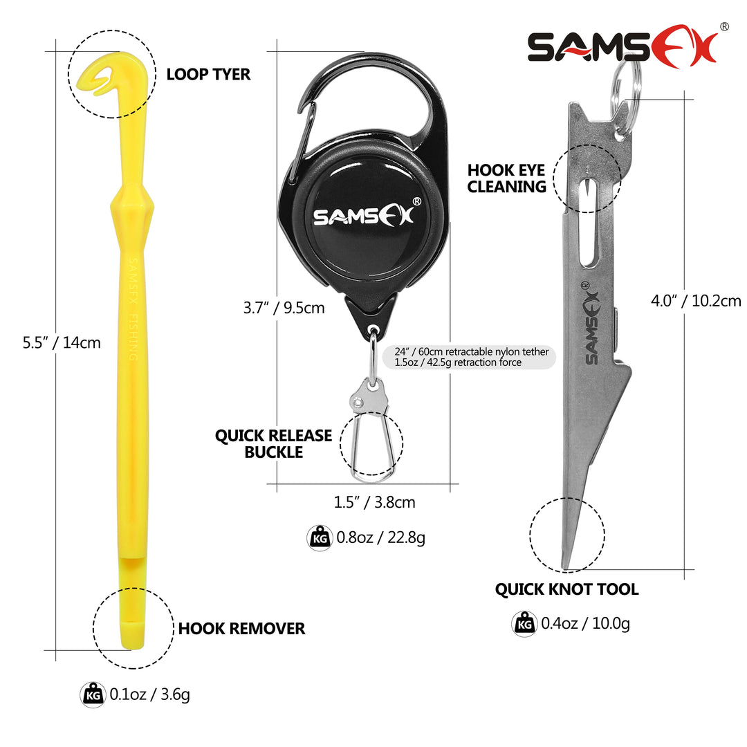 SAMSFX Quick Knot Tying Tool Loop Tyer Hook Remover w/ Zinger Retractors Fly Fishing