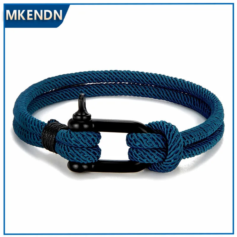 MKENDN Men's Black U Shape Shackle Nautical Double Strand Rope Bracelet Outdoor