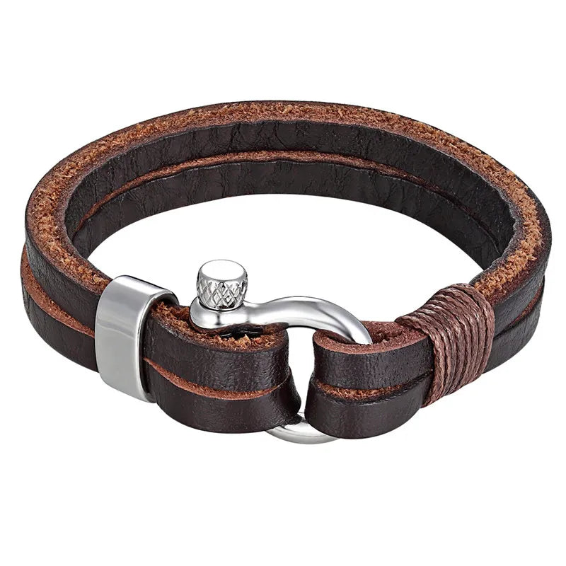 High Quality Stainless Steel Shackle Buckle Leather Survival Bracelets Bangle Men Surf