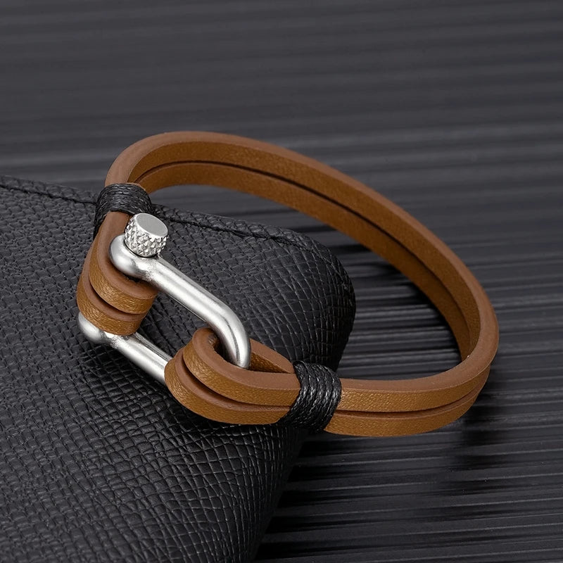 MKENDN Men's Leather Bracelet Nautical Double Strand Stainless Steel U shape Clasp