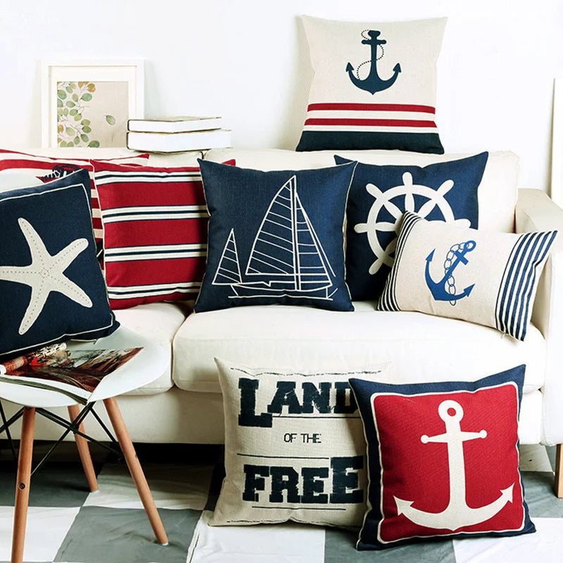 Navigation Navy Blue Nautical  Shell Starfish Linen Pillow Marine Cushion Cover Sofa