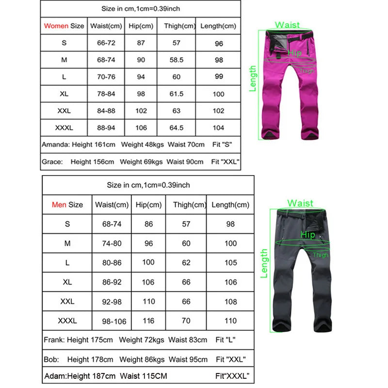 TRVLWEGO Camping Hiking Pants Winter Woman Men Outdoor Warm Soft Shell Waterproof