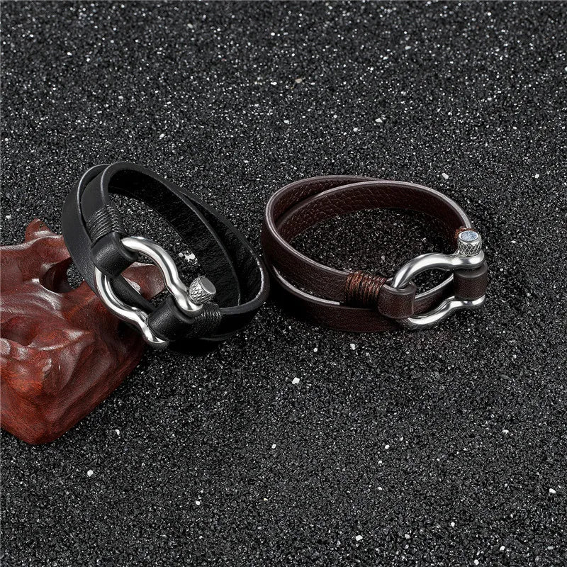 MKENDN New Fashion Stainless Steel Shackle Buckle Leather Survival Bracelet Men Surf