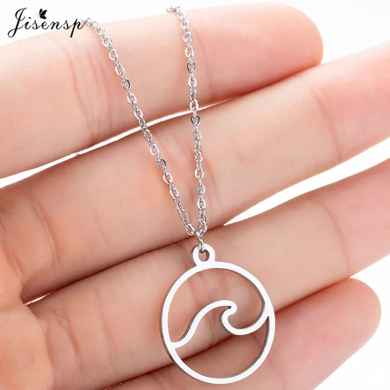 Jisensp Stainless Steel Wave Necklace Pendants Long Chain Beach Nautical Surfing