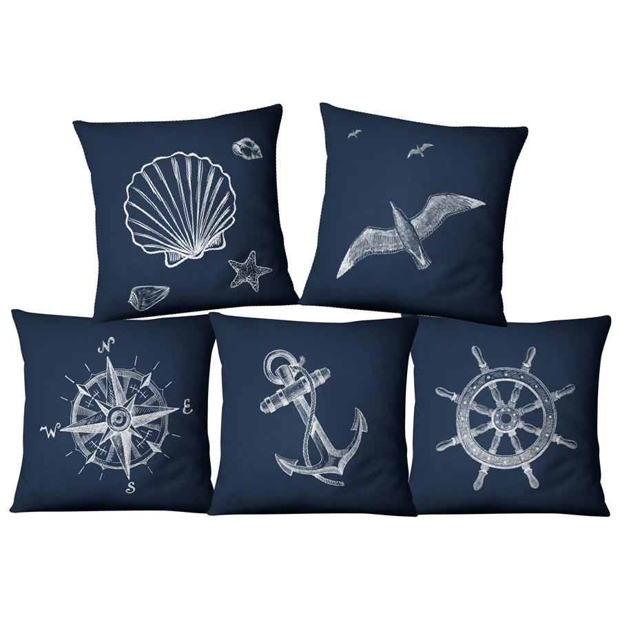 Navigation Navy Blue Nautical  Shell Starfish Linen Pillow Marine Cushion Cover Sofa