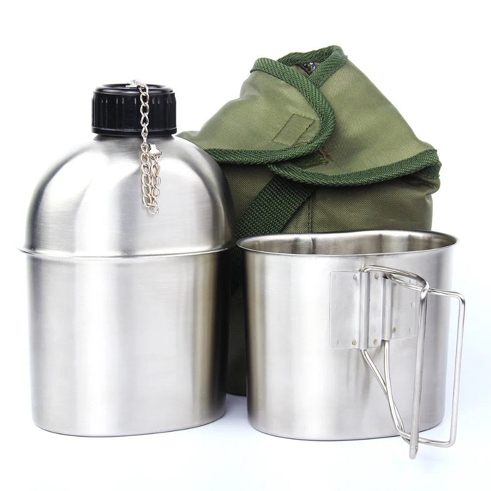 High Quality Portable Stainless Steel Military Canteen 1L Portable with 0.5L Cup Green