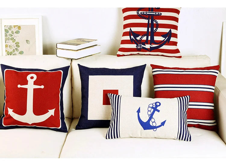 Navigation Navy Blue Nautical  Shell Starfish Linen Pillow Marine Cushion Cover Sofa