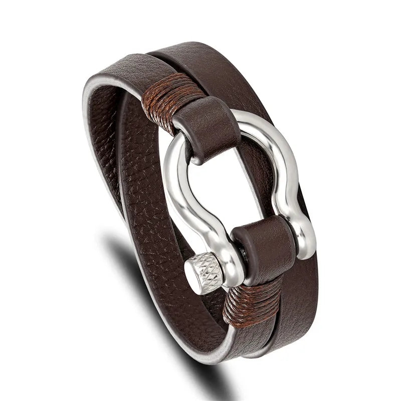 MKENDN New Fashion Stainless Steel Shackle Buckle Leather Survival Bracelet Men Surf
