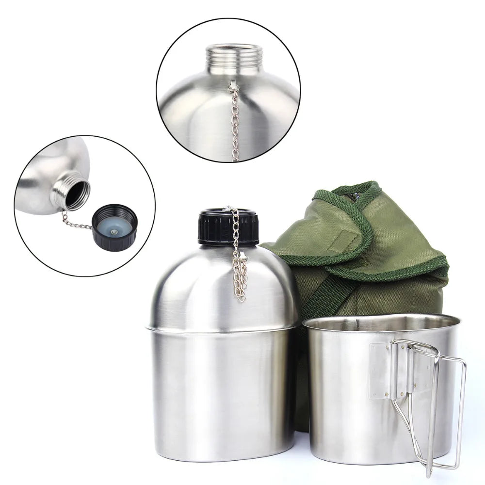 0.5L 1L Stainless Steel Military Canteen Portable Cup Green Cover Camping Hiking Army