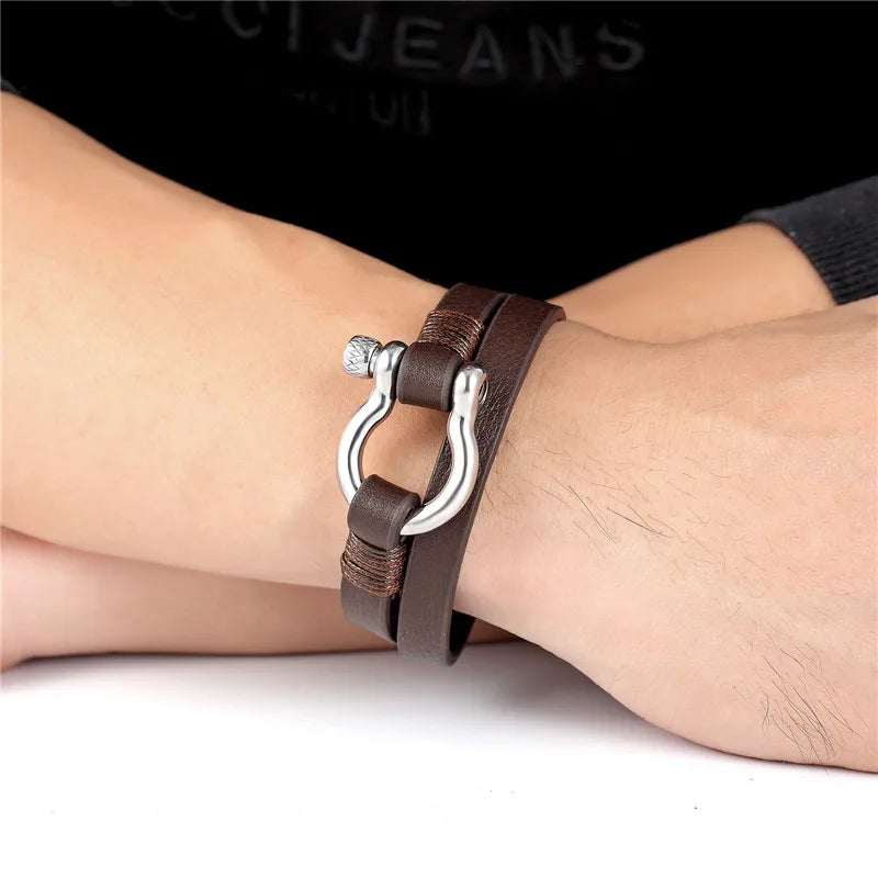 MKENDN New Fashion Stainless Steel Shackle Buckle Leather Survival Bracelet Men Surf