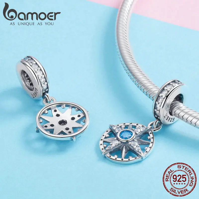 BAMOER 925 Sterling Silver Sparkling Nautical Compass Star Clear CZ Pendant Charms