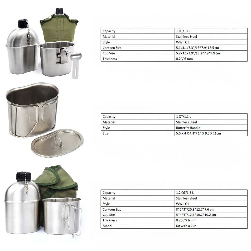 0.5L 1L Stainless Steel Military Canteen Portable Cup Green Cover Camping Hiking Army