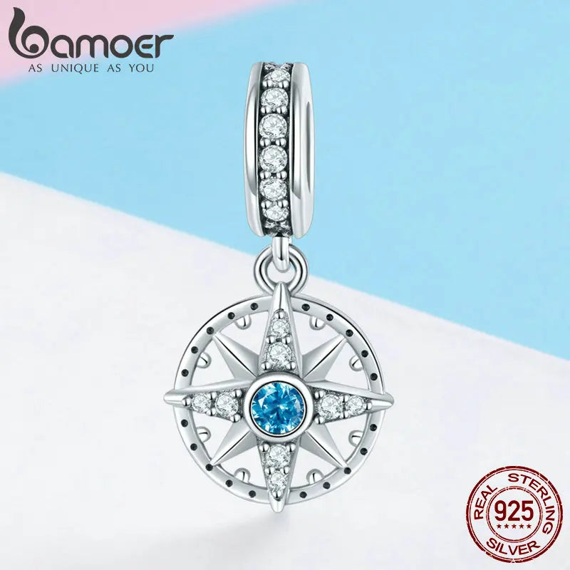 BAMOER 925 Sterling Silver Sparkling Nautical Compass Star Clear CZ Pendant Charms