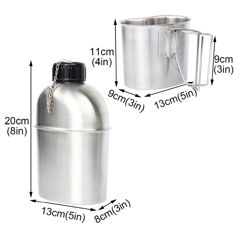 High Quality Portable Stainless Steel Military Canteen 1L Portable with 0.5L Cup Green