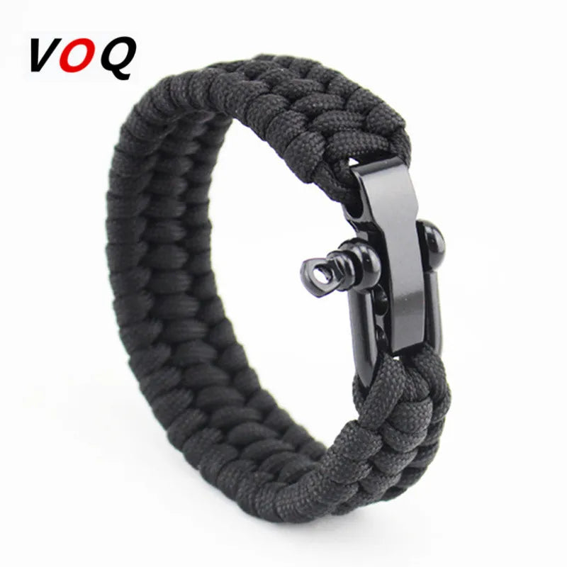 Outdoor Camping Paracord Survival Braided Rope Bracelet Men Black Stainless Steel