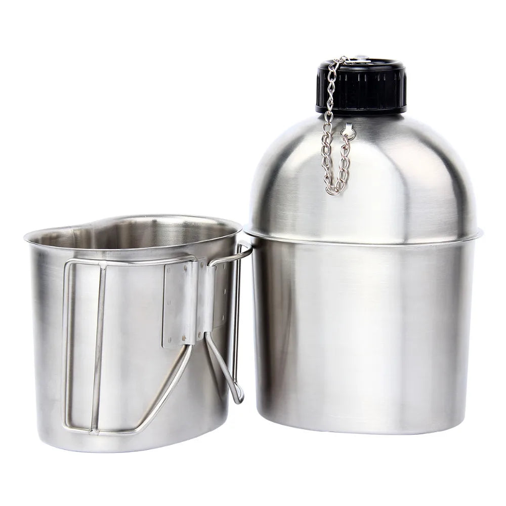 High Quality Portable Stainless Steel Military Canteen 1L Portable with 0.5L Cup Green