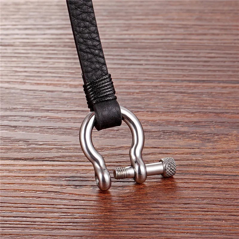 MKENDN New Fashion Stainless Steel Shackle Buckle Leather Survival Bracelet Men Surf