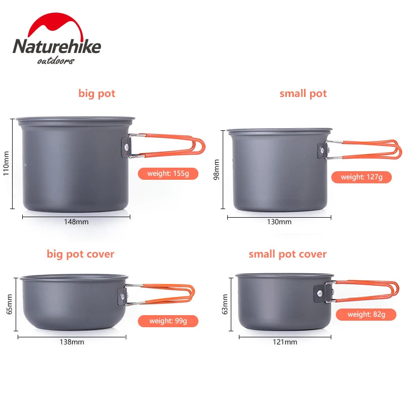 Naturehike Camping Pot Pan Set Aluminium Aolly Portable Outdoor Cookware 2-3 Person