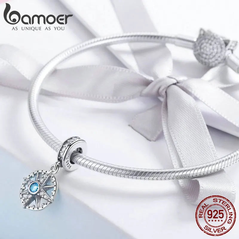 BAMOER 925 Sterling Silver Sparkling Nautical Compass Star Clear CZ Pendant Charms