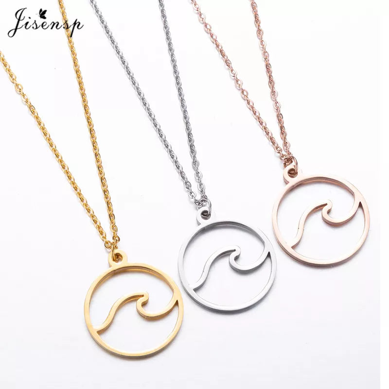 Jisensp Stainless Steel Wave Necklace Pendants Long Chain Beach Nautical Surfing