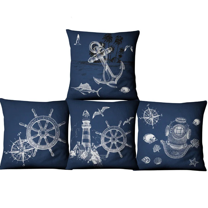 Navigation Navy Blue Nautical  Shell Starfish Linen Pillow Marine Cushion Cover Sofa