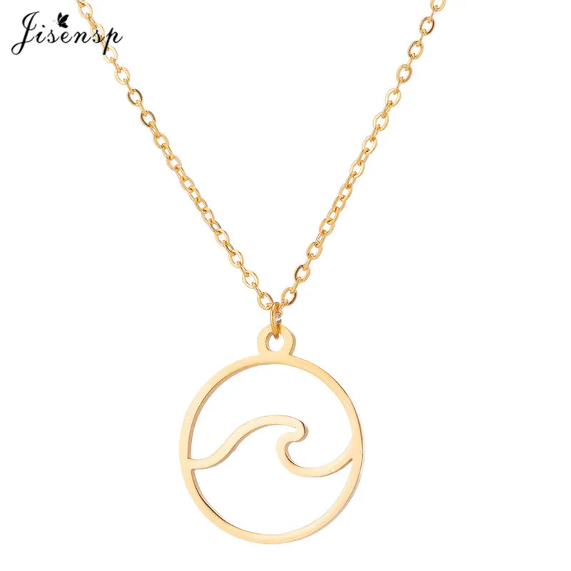 Jisensp Stainless Steel Wave Necklace Pendants Long Chain Beach Nautical Surfing