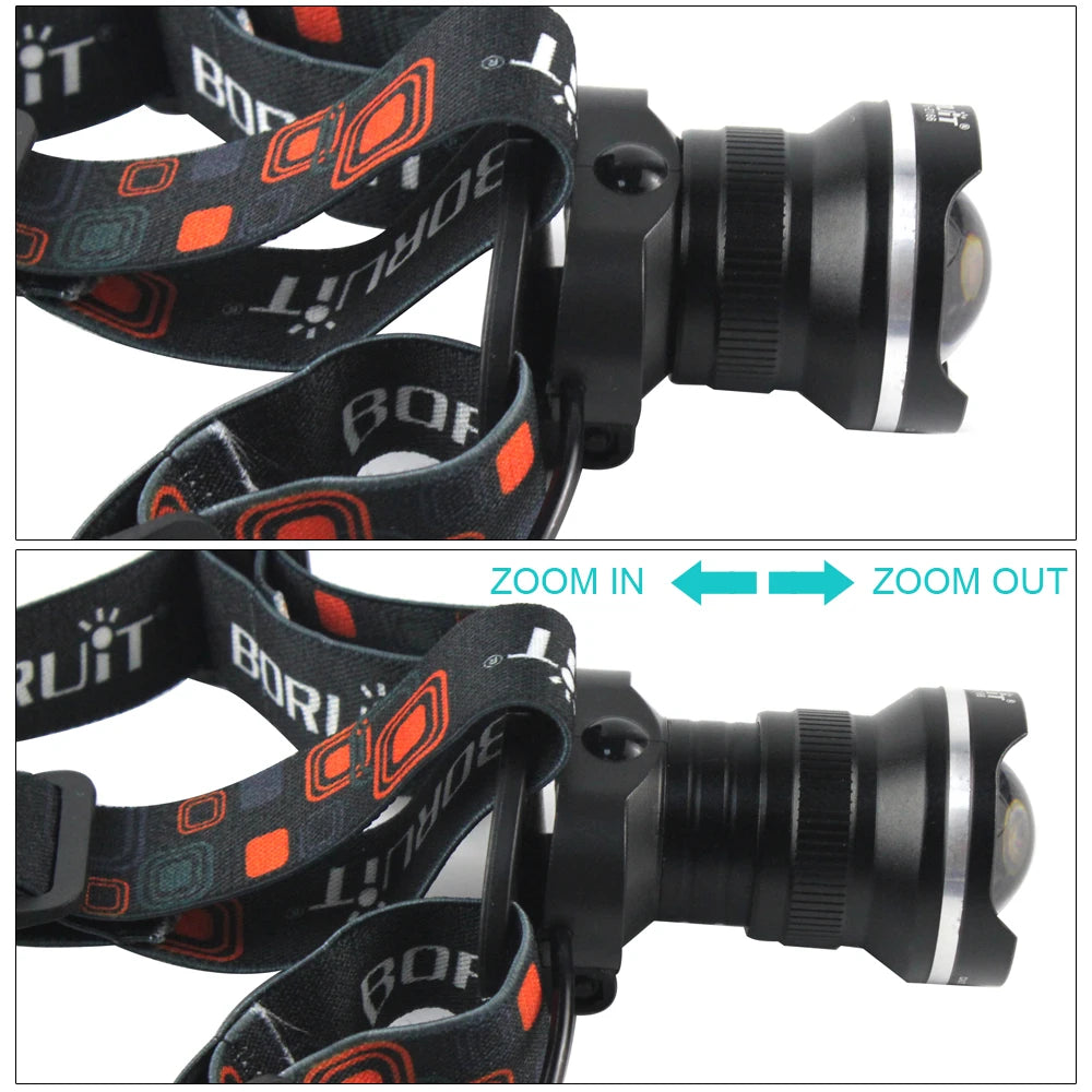 BORUiT RJ-2166 Zoom Headlamp LED Powerful Headlight Waterproof Head Torch Camping Hunting Flashlight Use AA Battery