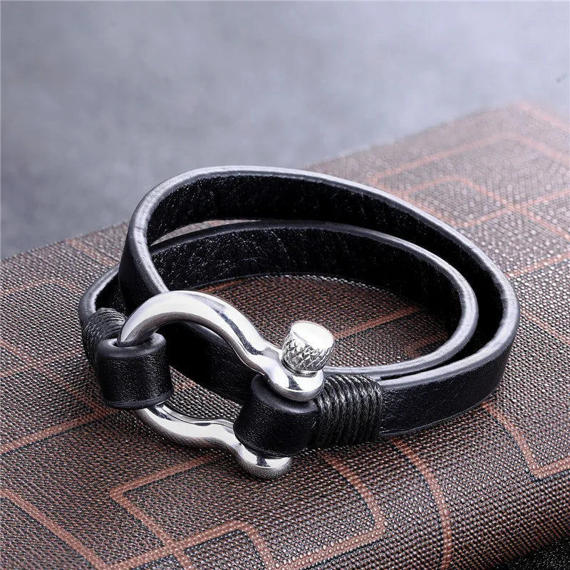 MKENDN New Fashion Stainless Steel Shackle Buckle Leather Survival Bracelet Men Surf