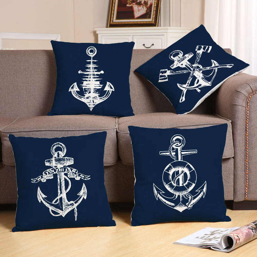 Navigation Navy Blue Nautical  Shell Starfish Linen Pillow Marine Cushion Cover Sofa