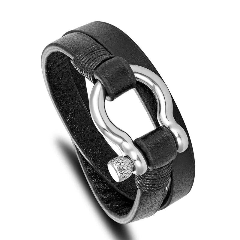 MKENDN New Fashion Stainless Steel Shackle Buckle Leather Survival Bracelet Men Surf