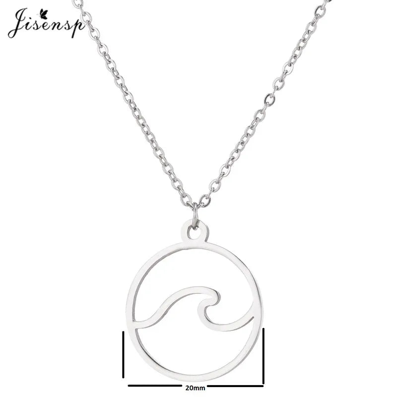 Jisensp Stainless Steel Wave Necklace Pendants Long Chain Beach Nautical Surfing