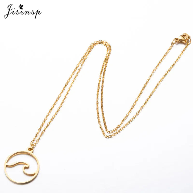 Jisensp Stainless Steel Wave Necklace Pendants Long Chain Beach Nautical Surfing