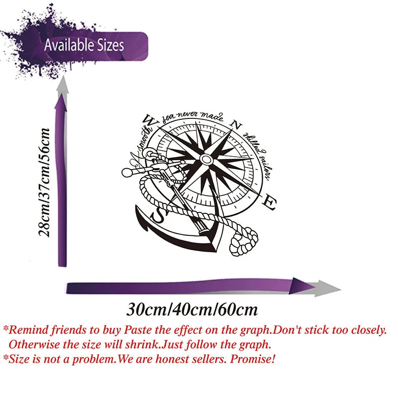 Modern Anchor Nautical Compass Rose Boat Wall Decal Kids Room Smooth Sea Never