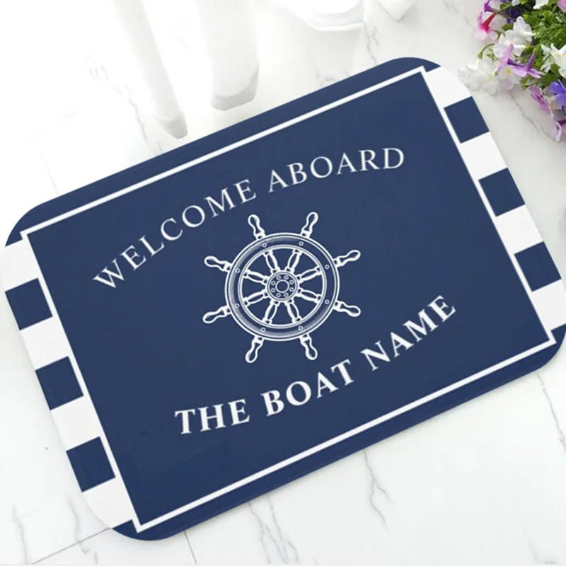 Chic Nautical Anchor Boat Navy Blue Stripes Personalised Doormat Modern Custom